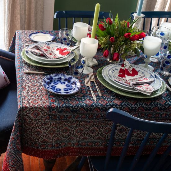 Samara Hand Stitched Quilted Tablecloth - Indigo/Deep Red
